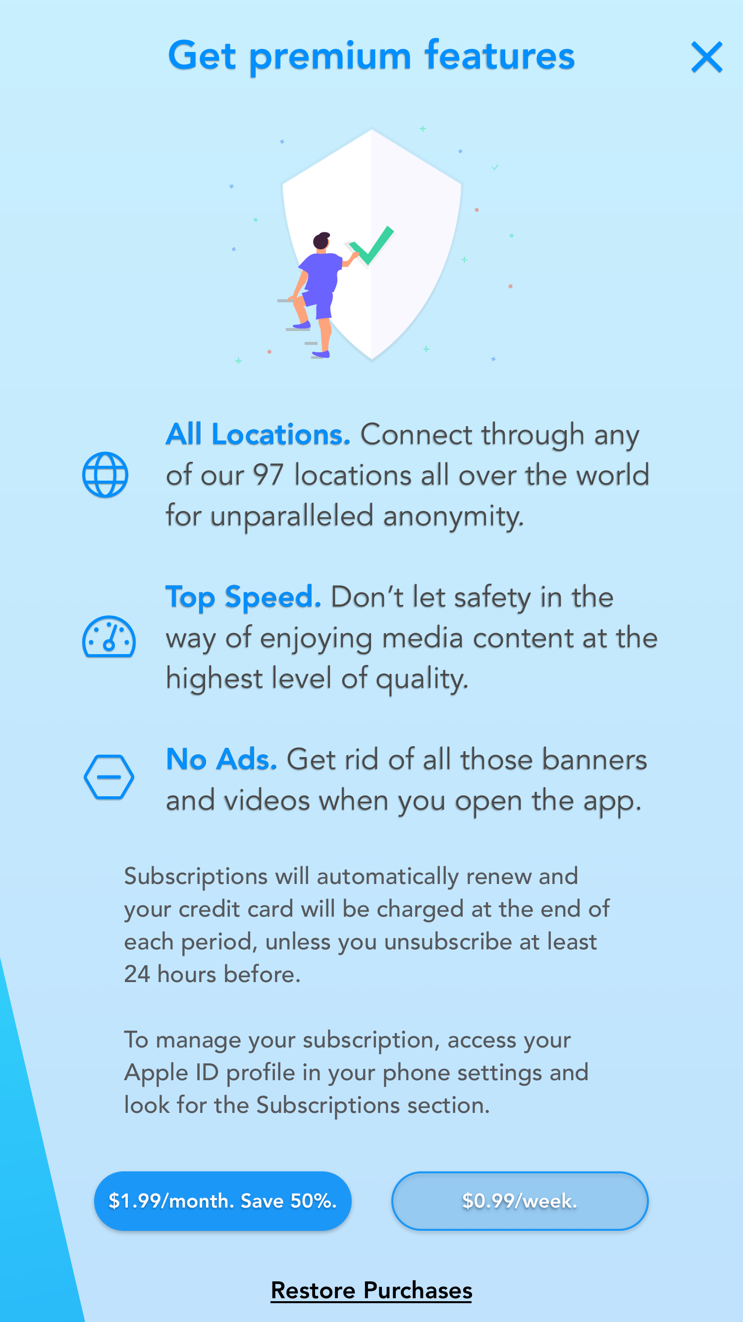 Premium subscription screen for a VPN app, presenting locations, speed, no ads and two subscription price options