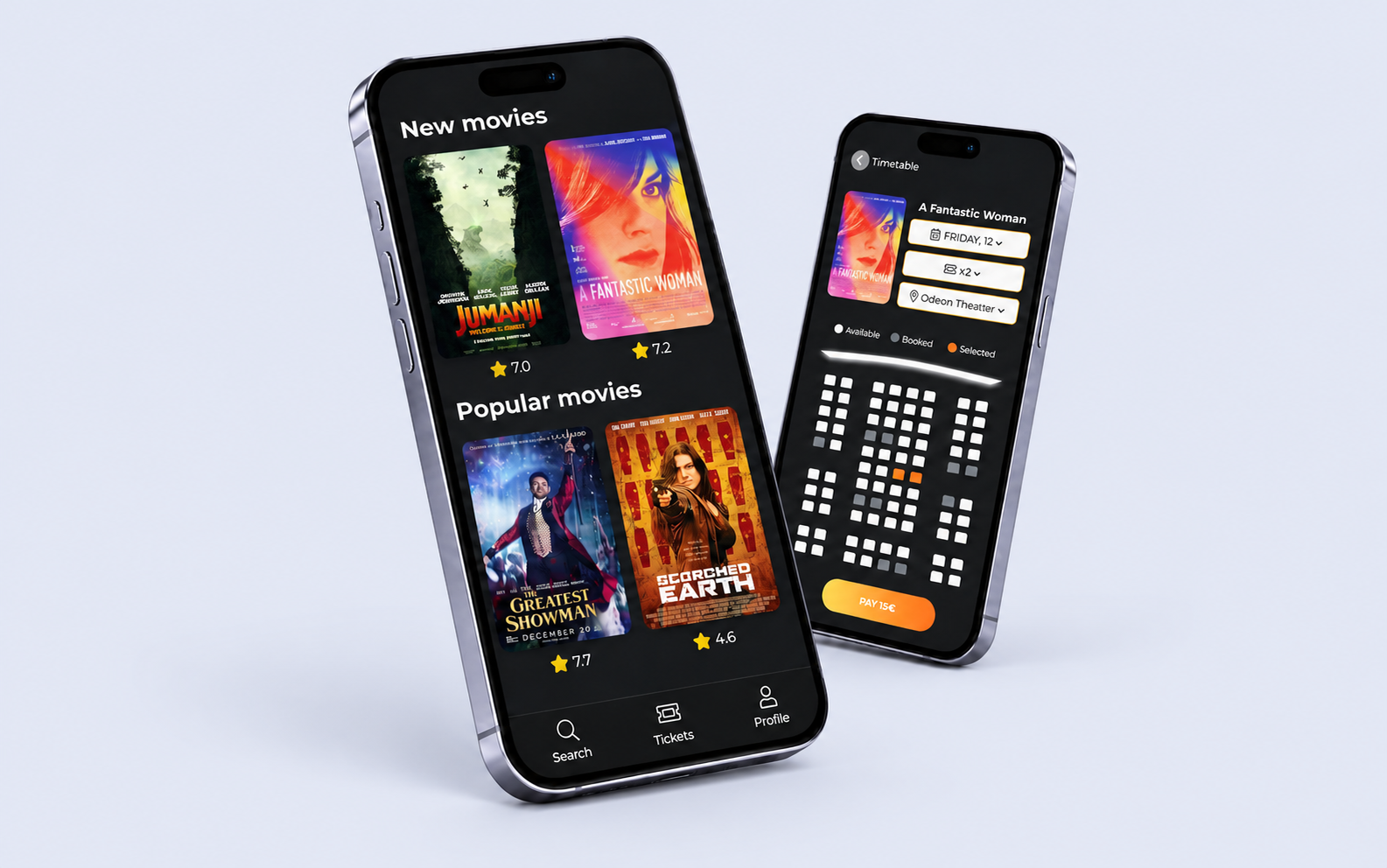 Cinema discovery and seat selection shown on two phones