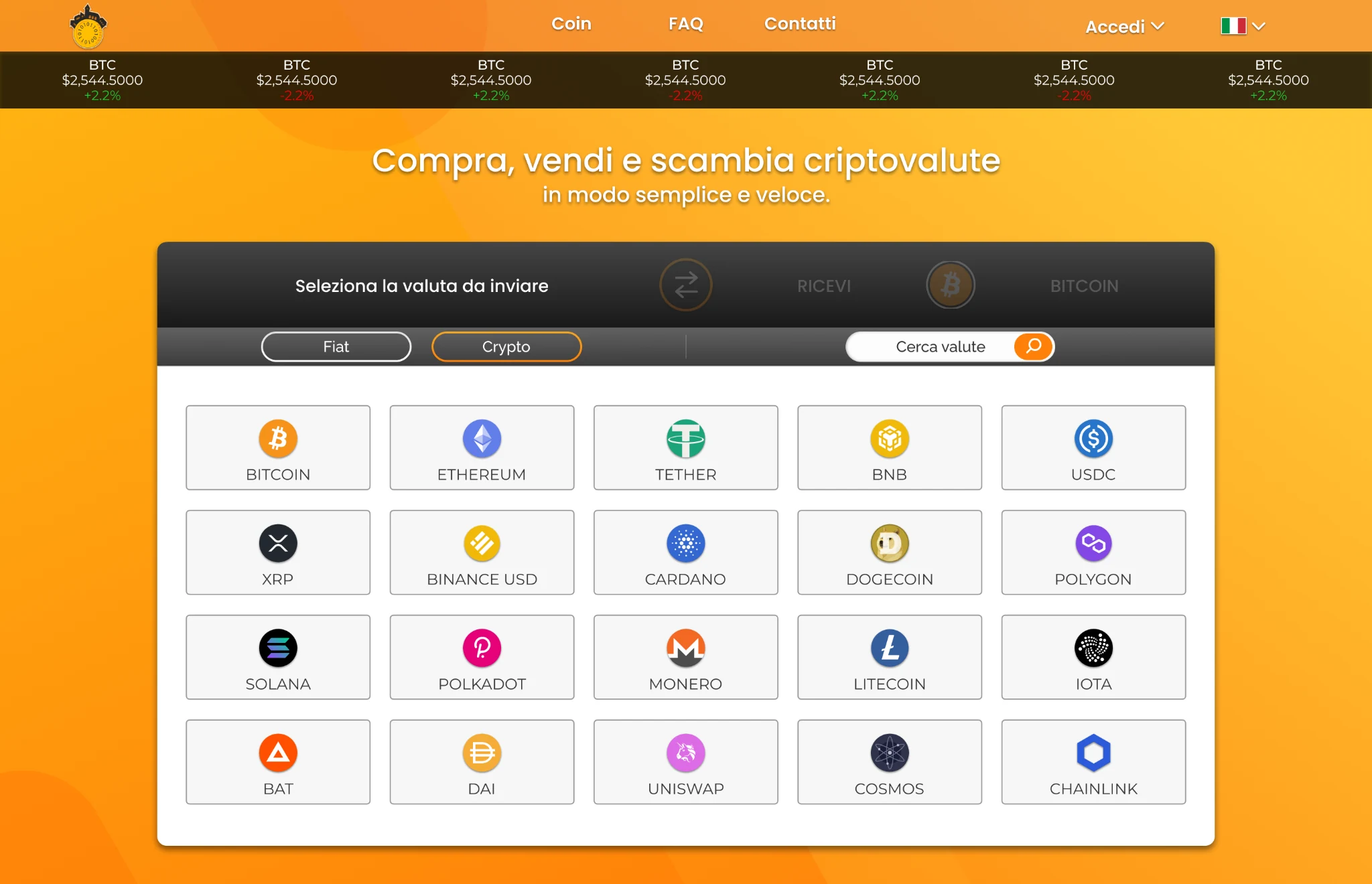 Original Coinplaza homepage design showing the send and receive selector, search and cryptocurrency grid