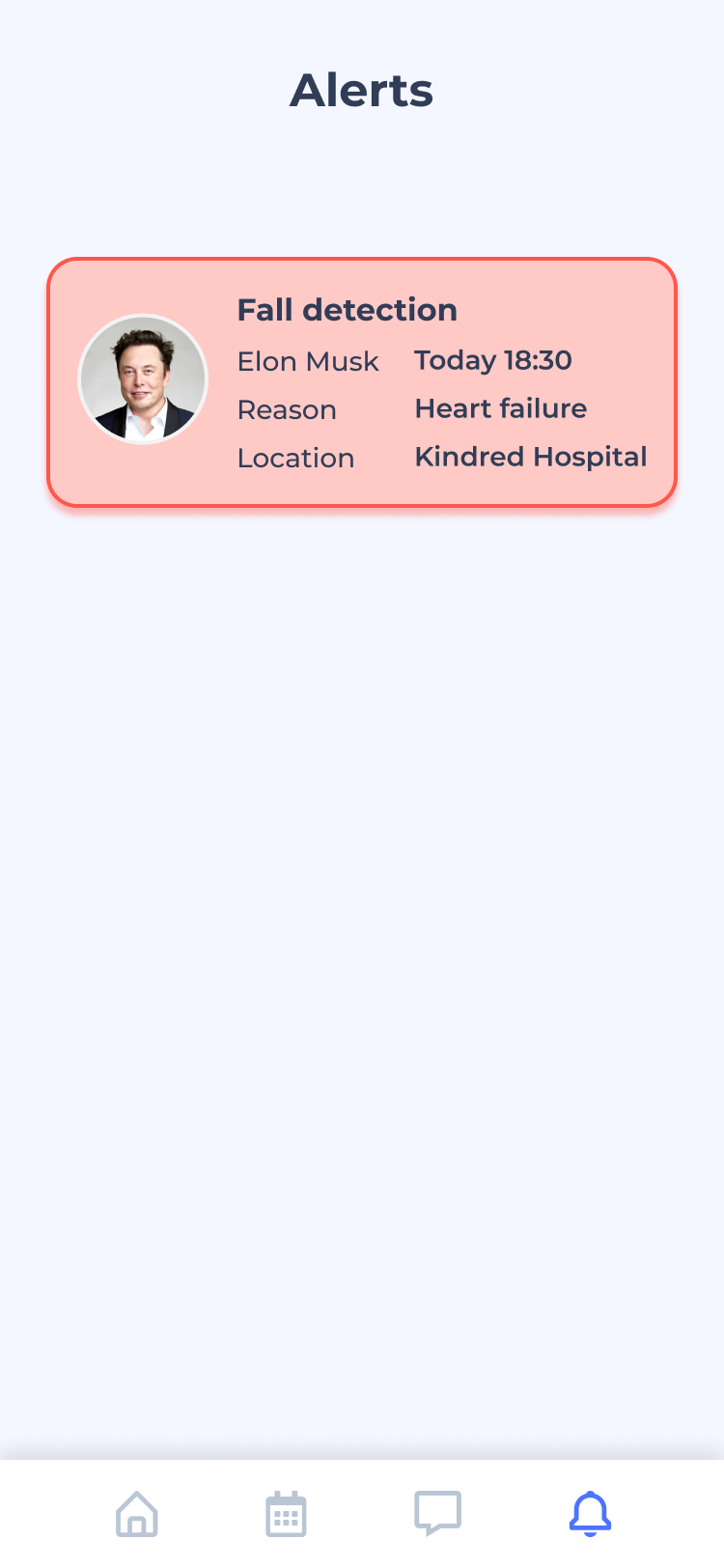 Doctor Companion alert screen showing a fall detection event with patient, time, reason and location