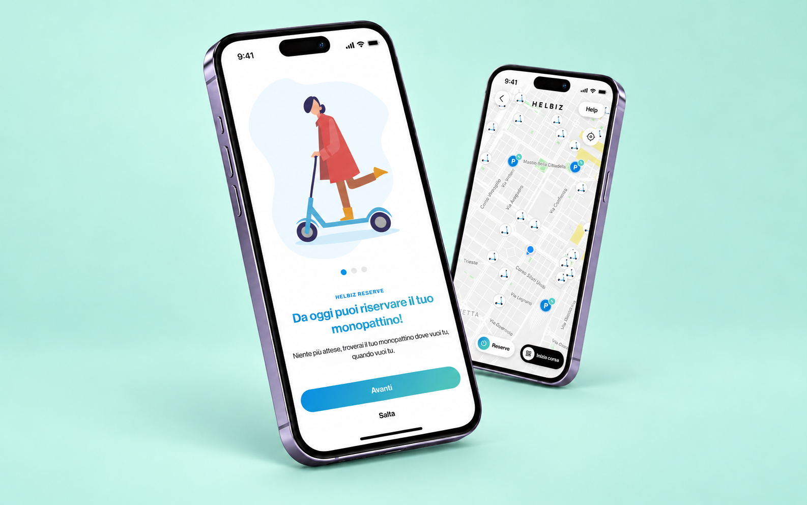 Helbiz Reserve onboarding and scooter map shown on two phones