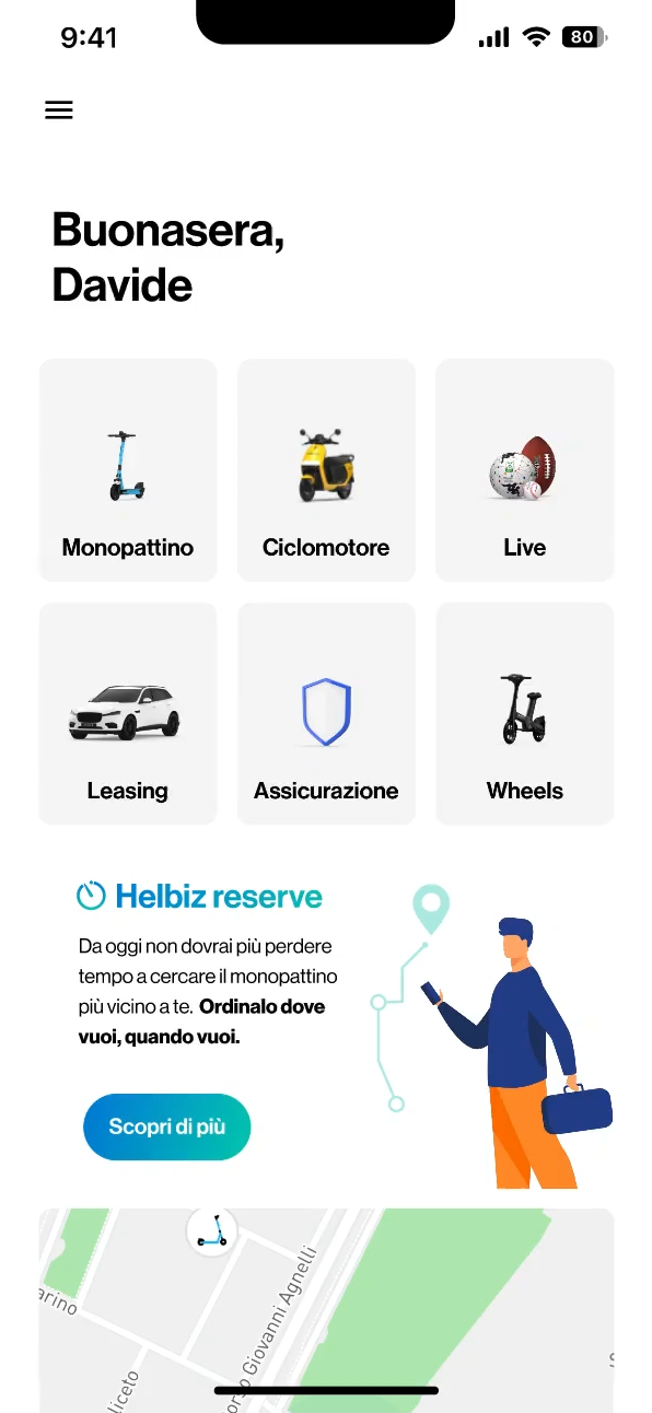 Helbiz home page with a banner introducing the Reserve service