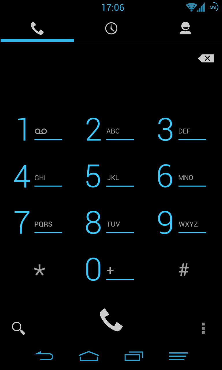 Blue variant of the Infinitum theme applied to the Android dialer