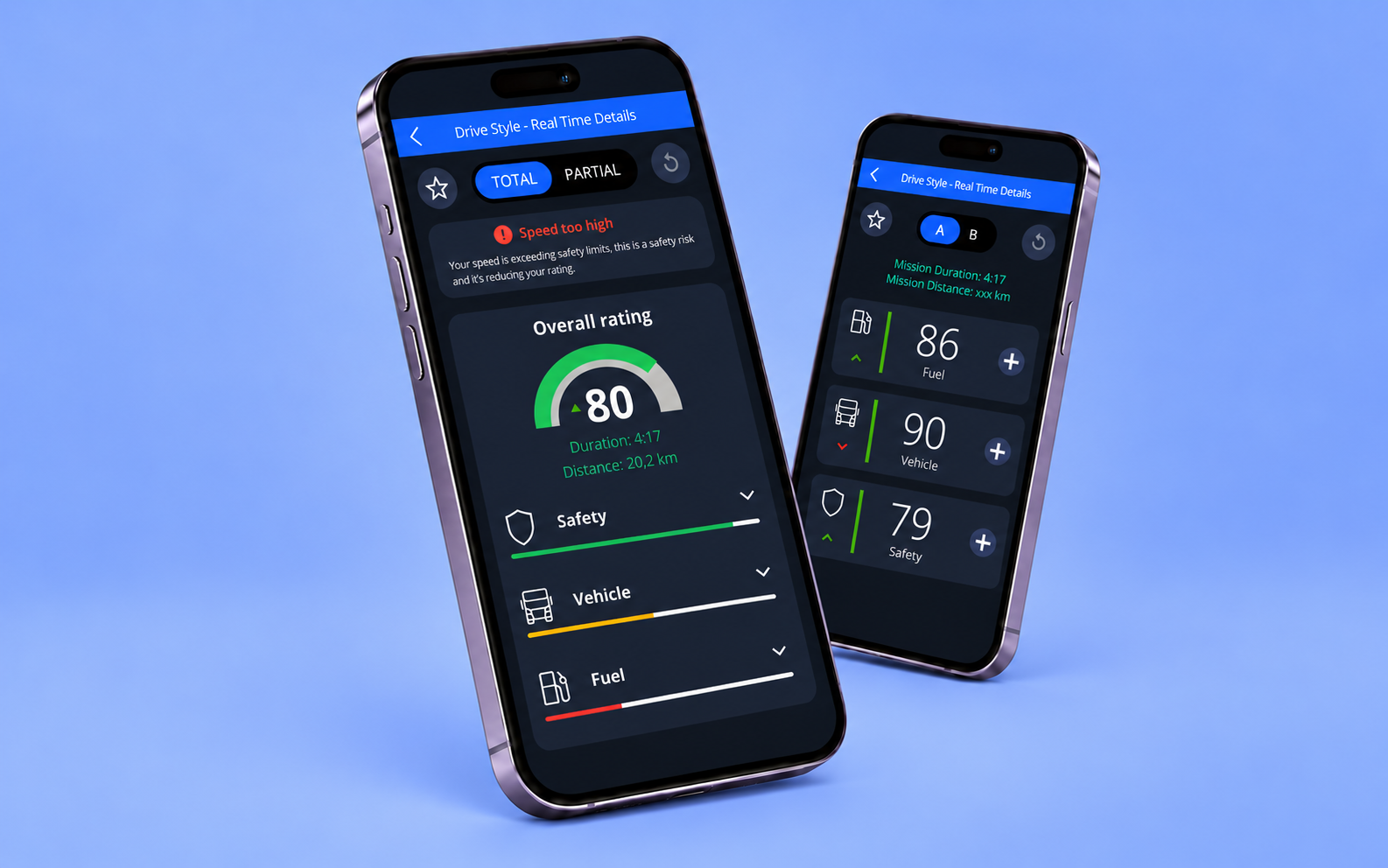 IVECO Driving Style redesigned and original screens shown on two phones