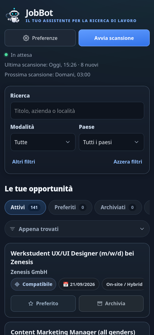 JobBot mobile dashboard showing responsive search controls, status navigation and an opportunity card