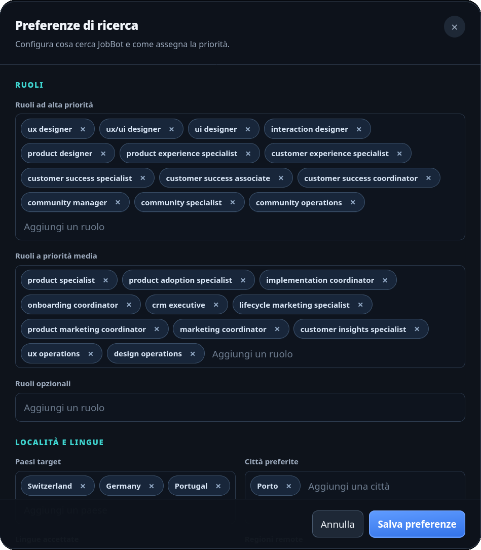 Focused view of JobBot search preferences showing role priorities, target countries and preferred cities
