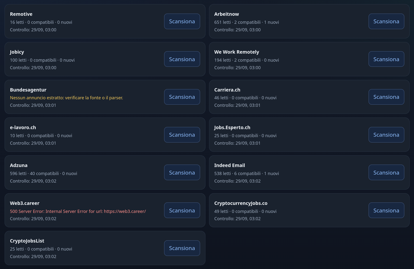 JobBot source list showing listings read, compatible and new for each source, with a parser warning and a server error